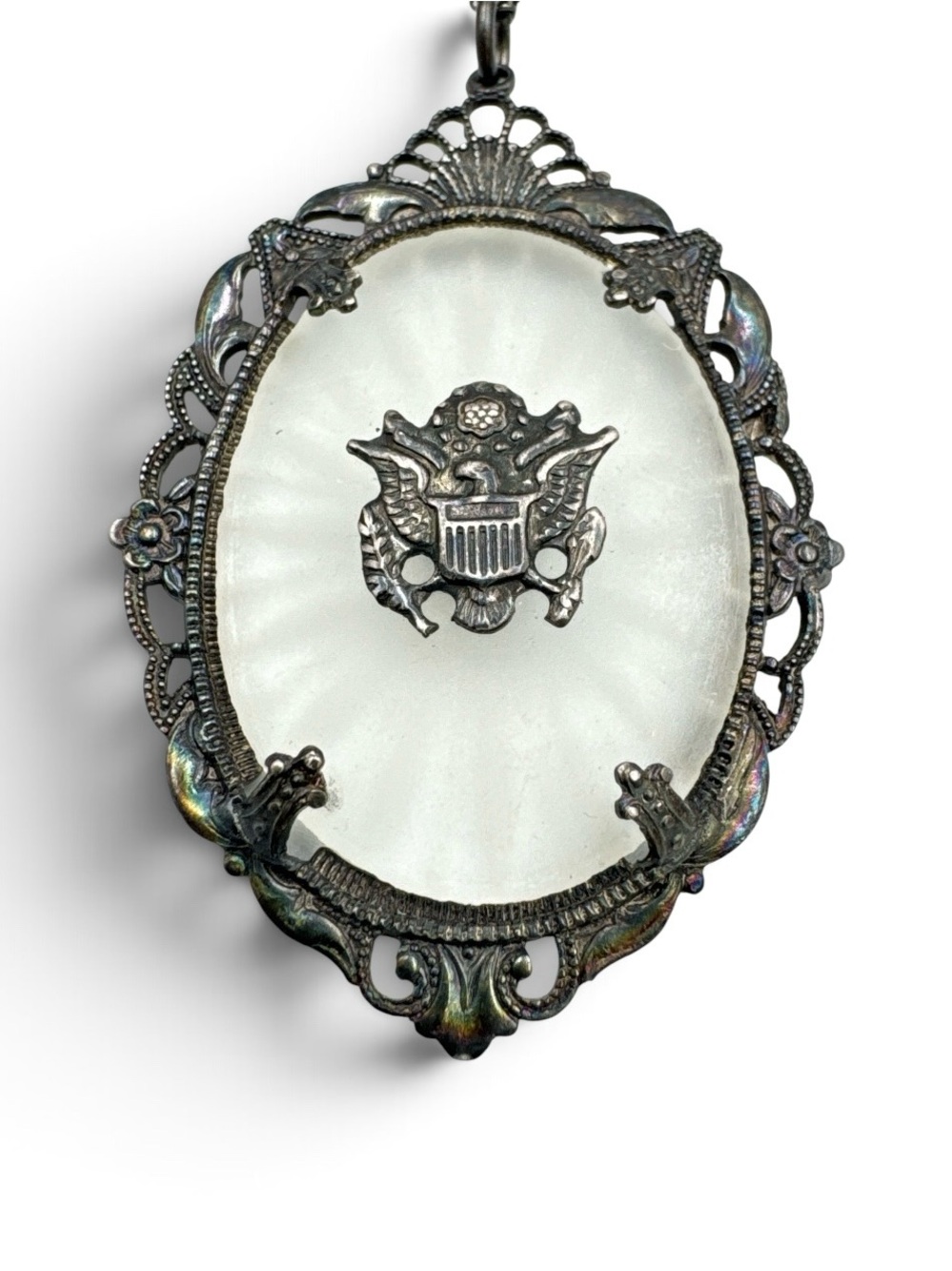 WWII Sterling Silver Camphor Glass Army Sweetheart Necklace Eagle Military 16”